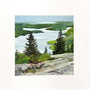 8x8 Maine Original Oil Painting Acadia Cadillac Mountain Pinetrees Ocean Signed